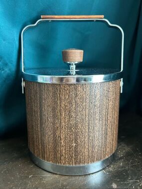 Mid-Century Atapco USA Chrome Woodgrain Ice Bucket